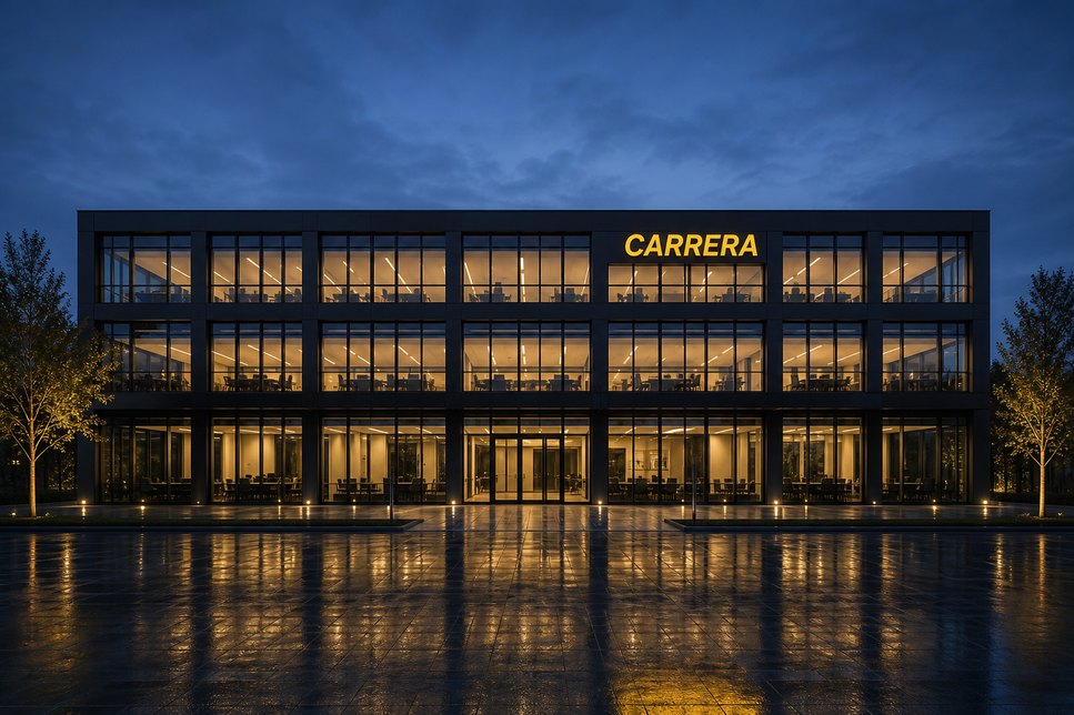 Frontal view of the Carrera headquarters at dusk, yellow CARRERA sign glowing across the lit glass facade
