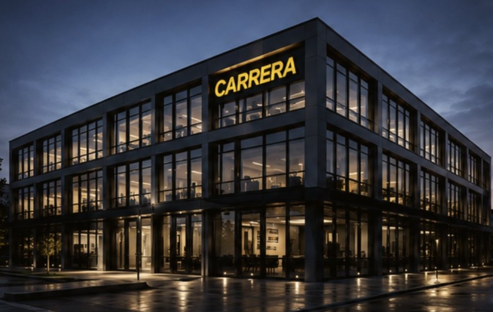 The Carrera headquarters at dusk, its yellow CARRERA sign glowing above lit glass floors