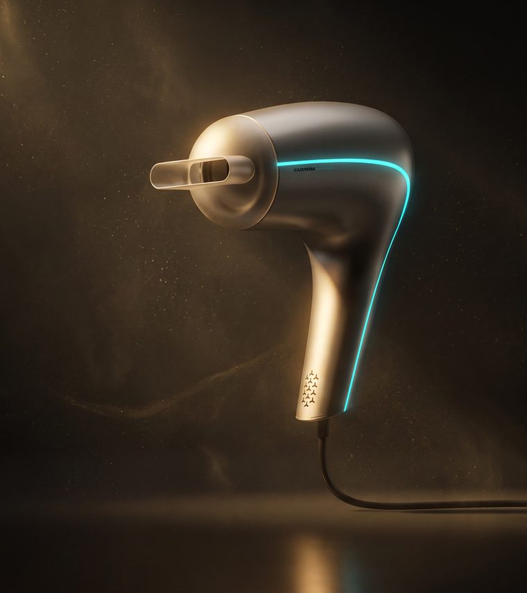 The AI Hair Dryer, gunmetal with a cyan light line