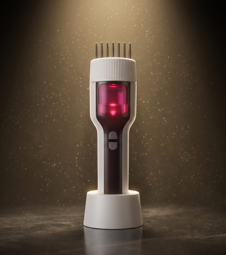 The KolorMe, white body with a glowing magenta serum capsule