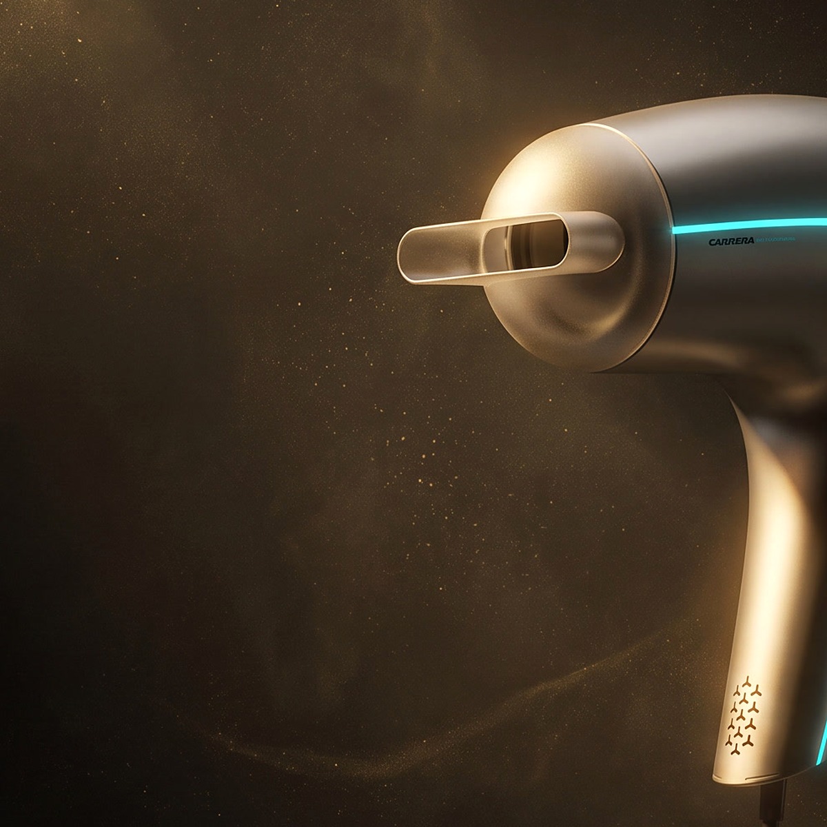AI Hair Dryer hero in golden Carrera studio